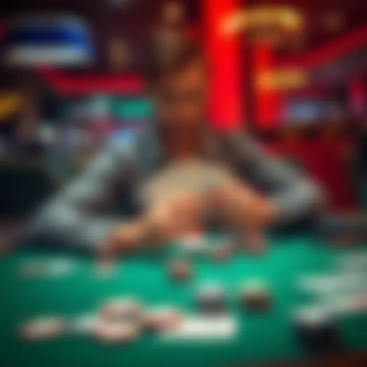 A poker player at a table folding their cards while looking thoughtful, with chips and cards spread out.