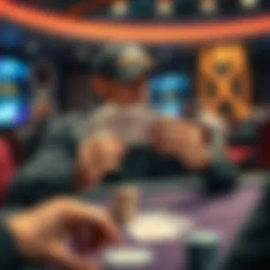Poker player folding cards A focused poker player folding his cards at a high-stakes table, showing tension in the atmosphere.