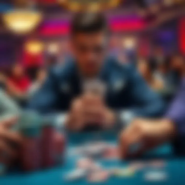 A focused player at a poker table folding their hand, with chips stacked in front and intense competition around them