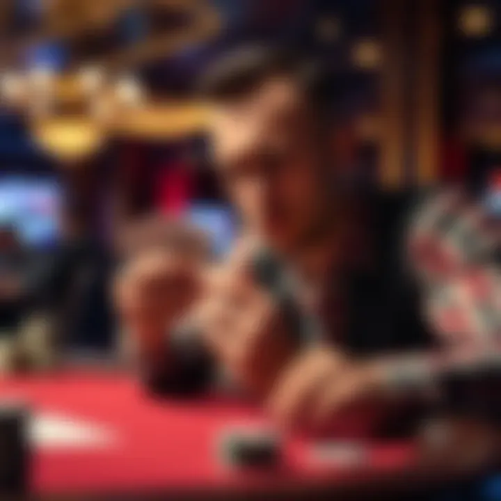 A poker player showing frustration with cards in hand at a casino table, reflecting emotional distress during a game.