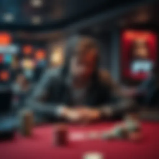 A poker player sitting at a table with a frustrated expression while loud music plays nearby, disrupting his game.