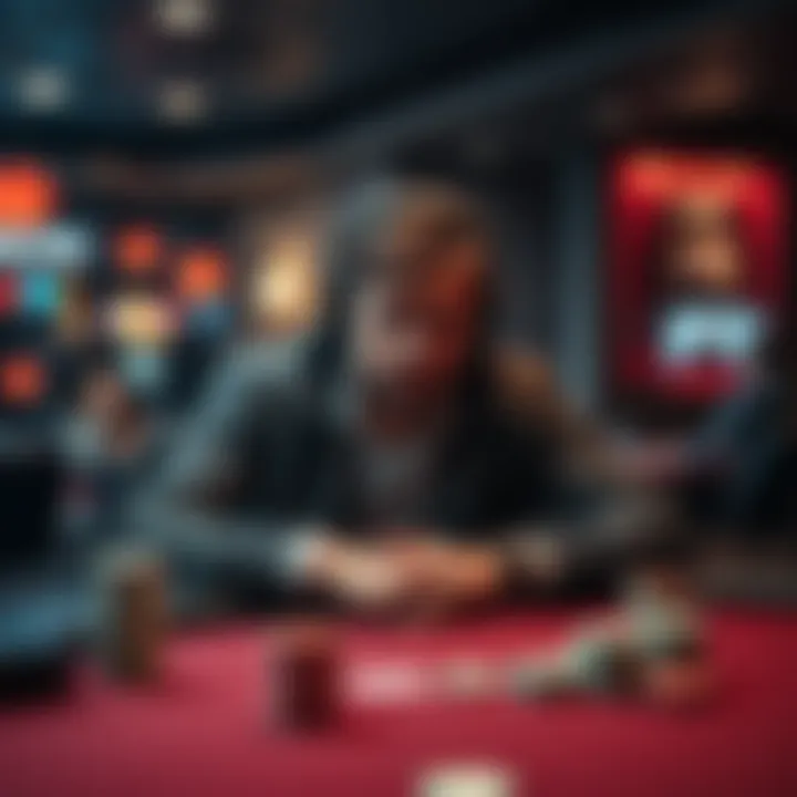 Poker Player Frustrated by Loud Music A poker player sitting at a table with a frustrated expression while loud music plays nearby, disrupting his game.