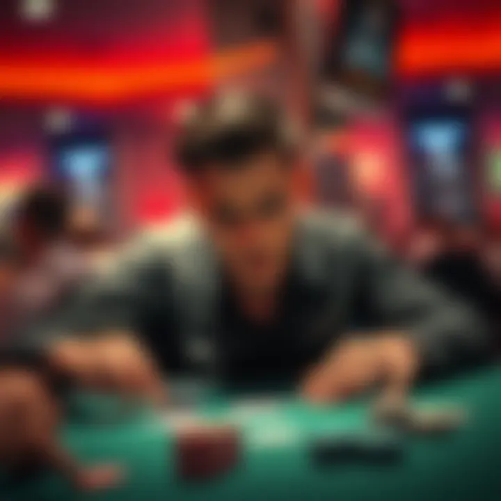 A frustrated poker player at a table, looking disappointed after losing a hand, surrounded by cards and chips