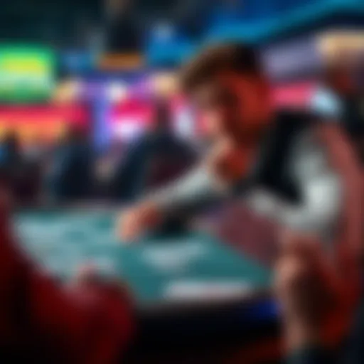 Poker player guessing hole cards A poker table with a player thinking about their guess for the first bustout in the GGMasters event, cards visible on the table