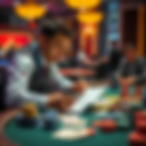 A poker player studies hands and strategies at a table, focused on improving their game with notes and cards.