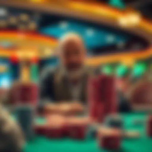 A poker player sitting at a table, confidently managing a large stack of chips while considering their next move during a high stakes game.