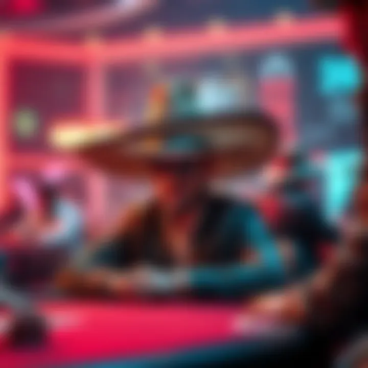 A poker player is sitting at a table, confidently wearing a very large hat, focusing on the game while others look on.