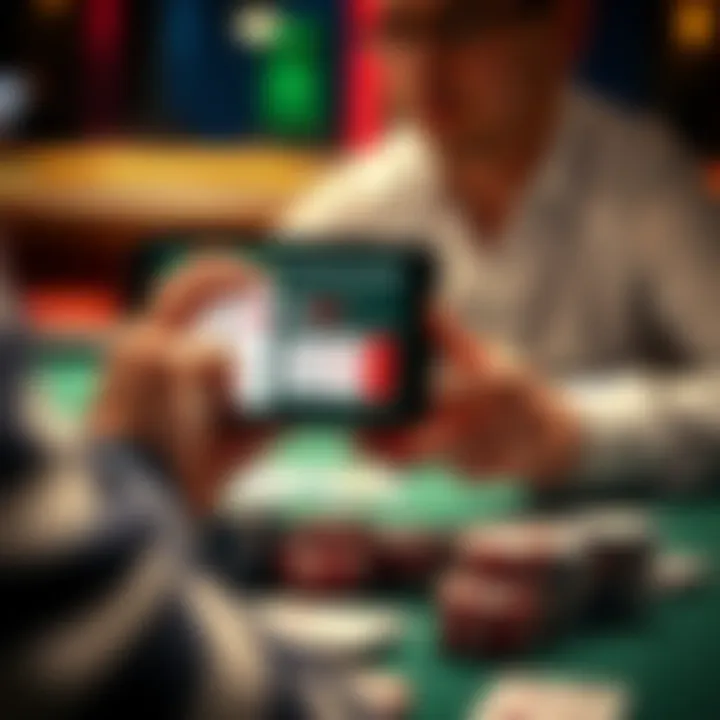 A poker player focused on a smartphone app displaying preflop RFI strategies, surrounded by poker chips and cards