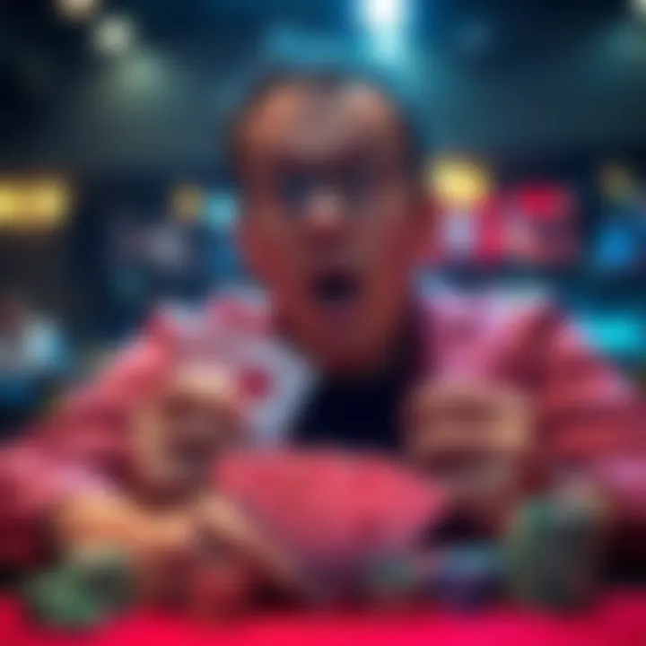 A poker player reacts in disbelief while looking at their cards, showing a losing hand against an opponent's quads and straight flush.