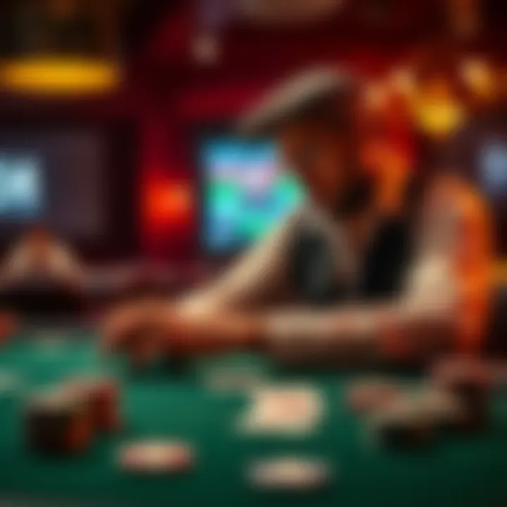 A poker player contemplating a min bet fold move during a game, with cards and chips on the table