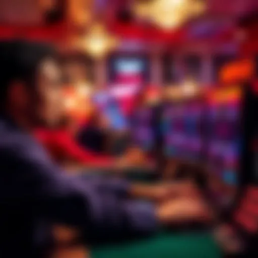 A focused poker player multitabling in an online MTT with multiple screens showing different tables