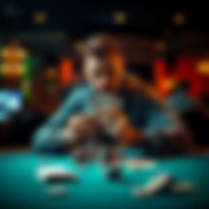 Poker Player Reflects on Near Miss A focused poker player sitting at a table, holding cards and looking determined after finishing 9th in a game, with chips scattered around.