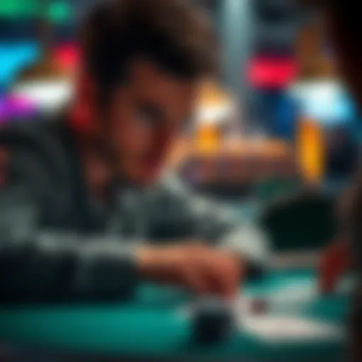 A focused poker player studying the behavior of an opponent at the table, with cards and chips in front of them.