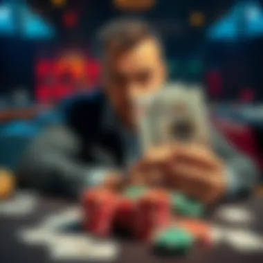 Poker Player with Pocket Aces A poker player looks anxious while holding pocket Aces, facing a drunk opponent at a table with cards and chips scattered around.