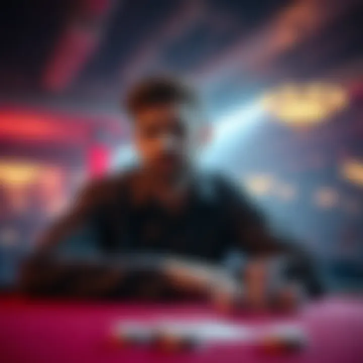 A former poker player sitting at a table with poker chips and a thoughtful expression, contemplating their decision to leave the game.