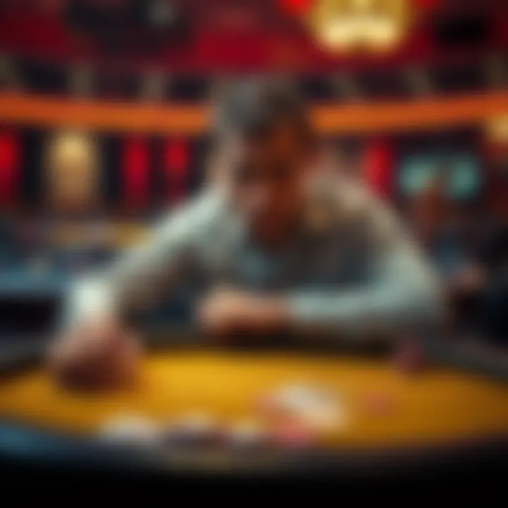 A somber poker player sitting at a table, looking disappointed after a bad session, with cards and chips scattered around him.