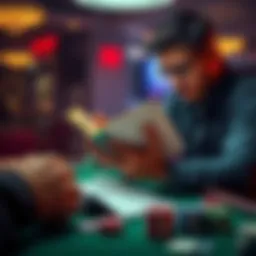 A poker player reading a book at the table while playing, focused on his game and literature
