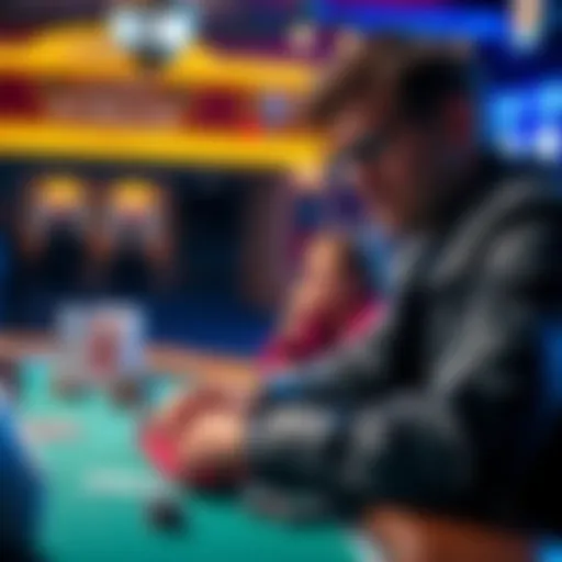 A focused poker player looking at their opponent across the table, observing subtle cues and body language during a game.