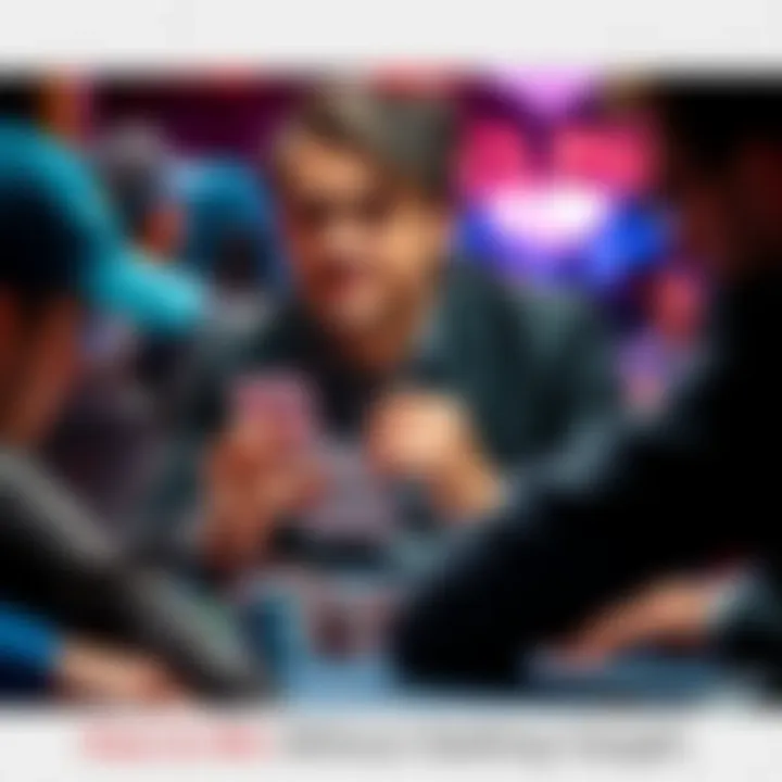 A poker player focuses on their cards while observing other players at the table, trying to gauge their thoughts and strategies.