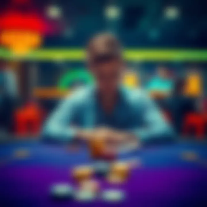 Poker player reflecting on their game A person sits at a poker table, looking thoughtful while analyzing cards and chips in front of them.