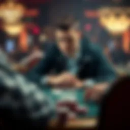 A poker player sitting at a table, looking thoughtful after losing a large pot, with cards and chips in front.