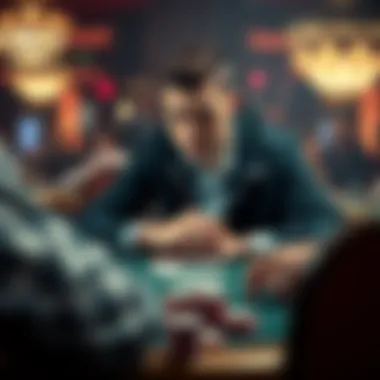 A poker player sitting at a table, looking thoughtful after losing a large pot, with cards and chips in front.