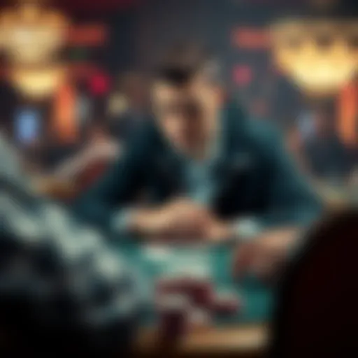 A poker player sitting at a table, looking thoughtful after losing a large pot, with cards and chips in front.