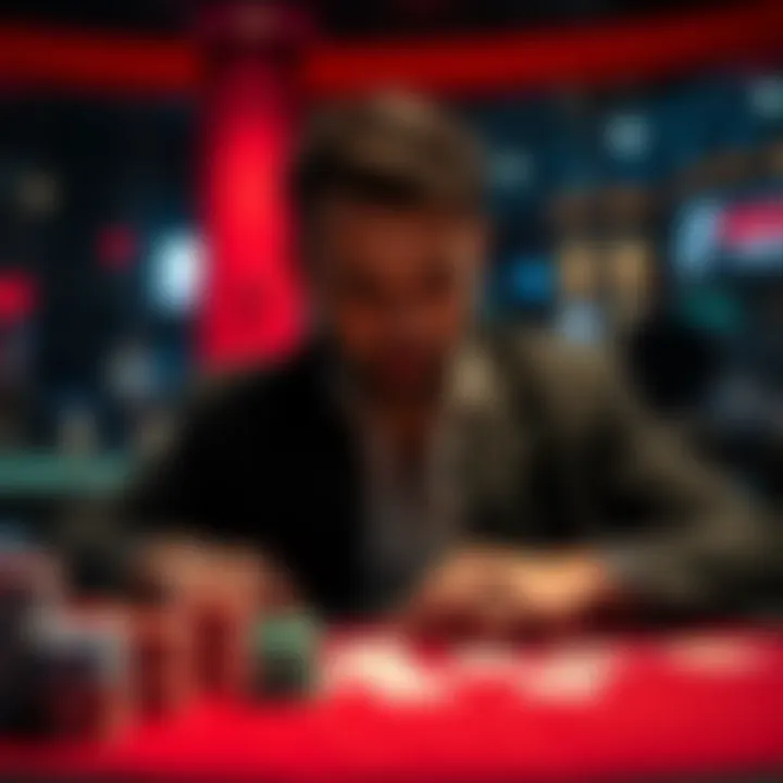 A poker player sits at a table looking thoughtful, surrounded by poker chips and cards, symbolizing the struggle with gambling addiction.