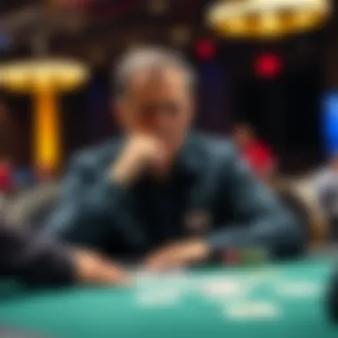 A thoughtful poker player sitting at a table, contemplating their game strategy after realizing their skills need improvement.