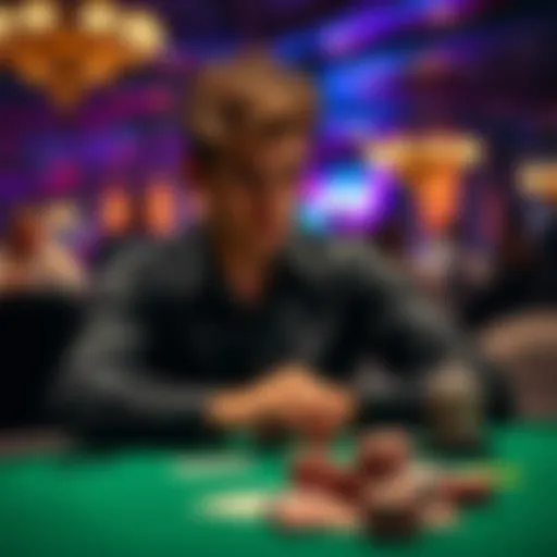 A poker player sits at a table, looking thoughtful after a loss, with cards and chips in front of them