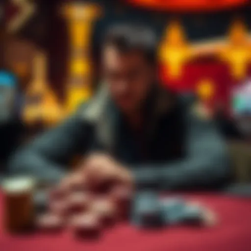 A professional poker player sitting at a table in Las Vegas, considering a stack of poker chips and a bankroll, reflecting on past experiences and future decisions.