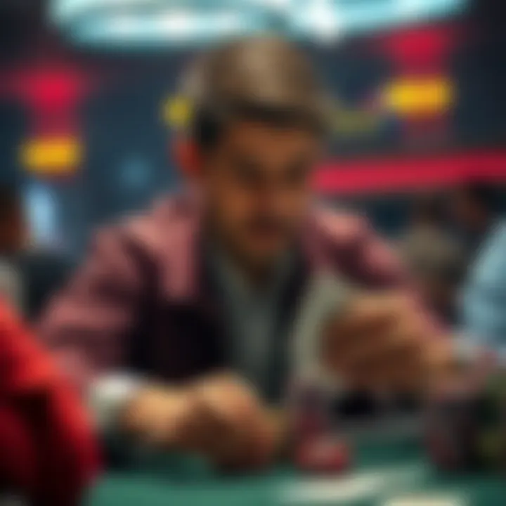 A poker player contemplating a river call during a tournament, with focused expression and cards in hand.