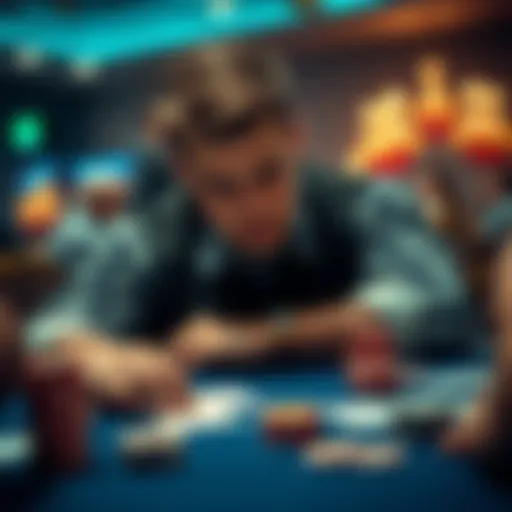 A poker player contemplating their next move during the river phase of a game, with cards and chips in front of them.