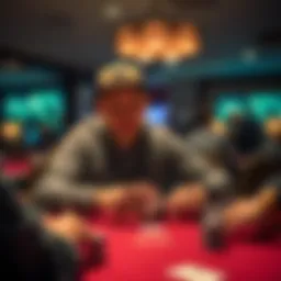 A focused poker player at a table analyzing cards and chips during a river raise decision