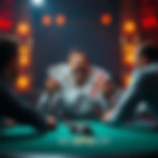A poker player celebrates as they reveal a royal flush hand amidst two opponents with full houses in a tense all-in moment at the poker table.