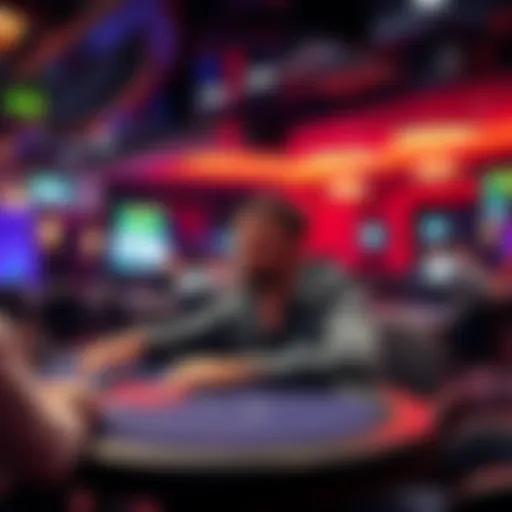 A poker player relaxes and smokes in a designated area of a poker room, surrounded by tables and fellow players