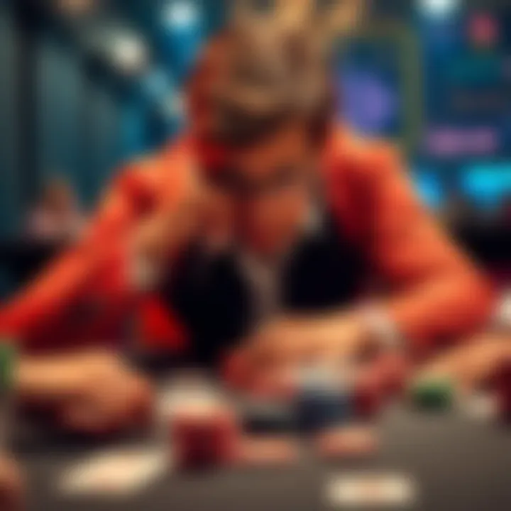 A poker player discussing their thoughts on an opponent's hand during a game, with chips and cards on the table around them.