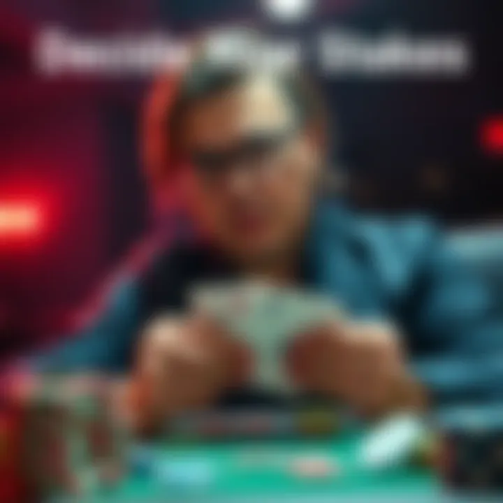 Poker player deciding on stakes A poker player looks at chips and cards, contemplating whether to choose low or high stakes for the week