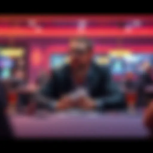 A focused poker player sitting at a table, analyzing cards and considering strategies, with chips and a drink nearby.