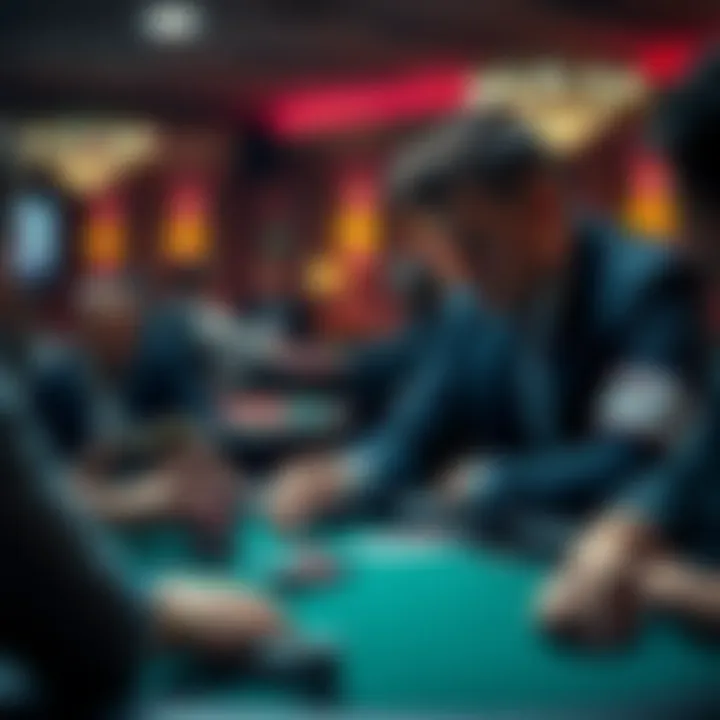 Poker Player Analyzing Strategy A focused poker player studying their hand and opponents at a table, contemplating the balance between analysis and decision-making.