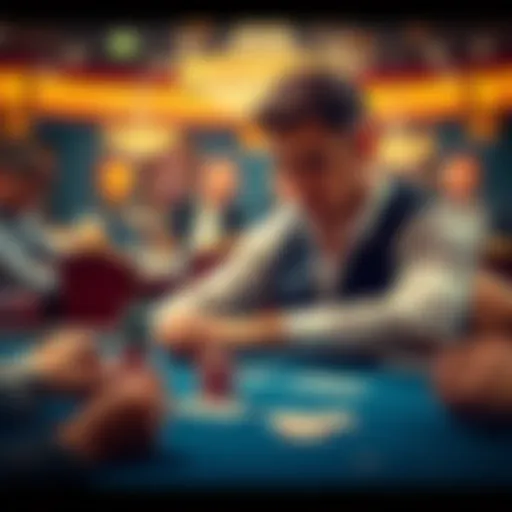 A focused poker player sitting at a table with cards and chips, contemplating their next move, reminiscent of strategic gameplay in blackjack.
