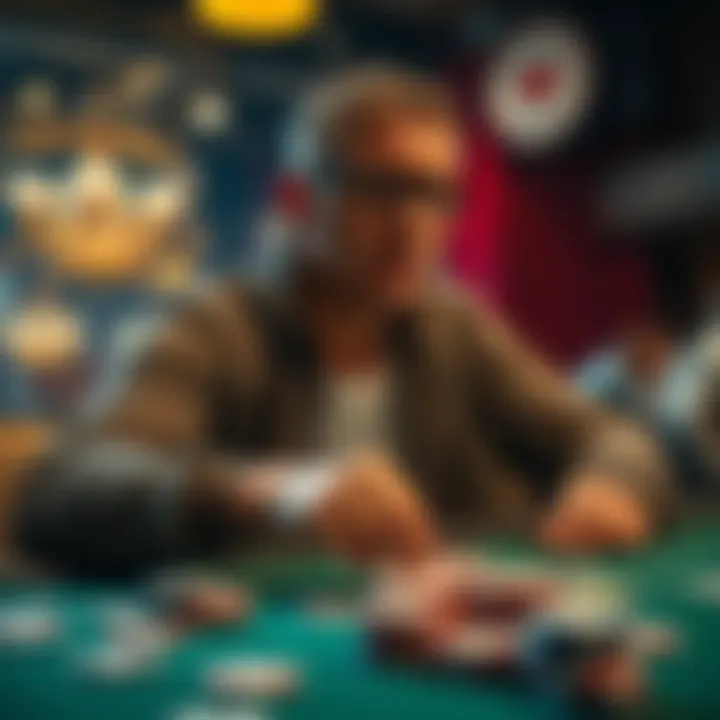An experienced poker player showing signs of frustration and stress while playing at a poker table, surrounded by cards and chips.