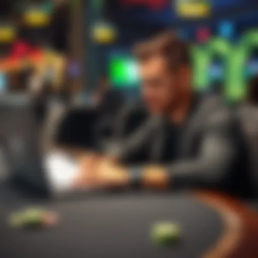 An amateur poker player reviewing strategies for multi-table tournaments at a desk with notes and a laptop