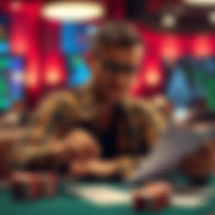 Poker player studying GTO charts Player looking at GTO poker charts with focus while sitting at a table