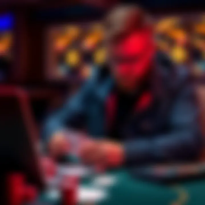 Poker player analyzing strategies A person studying poker strategies with cards and a laptop in front of them