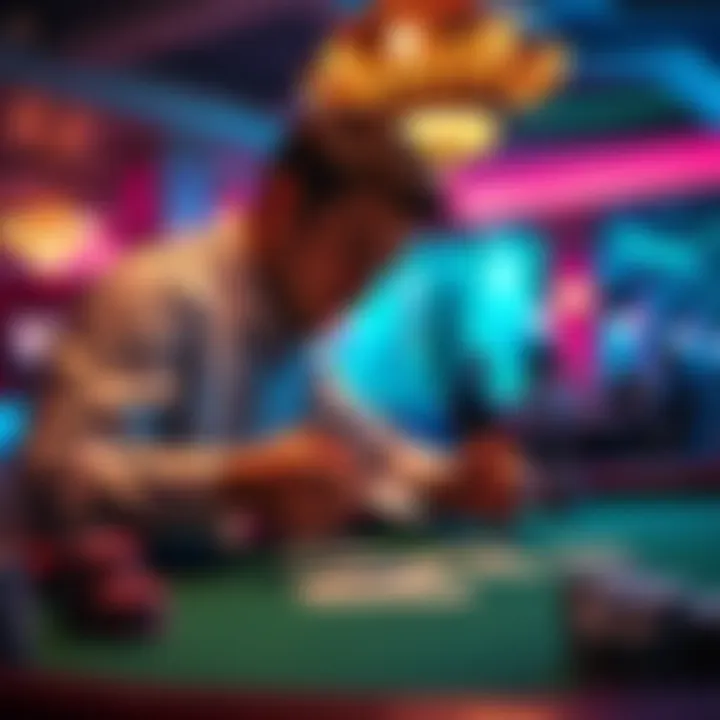 A beginner poker player focused at a table, analyzing cards and planning strategy for profit.