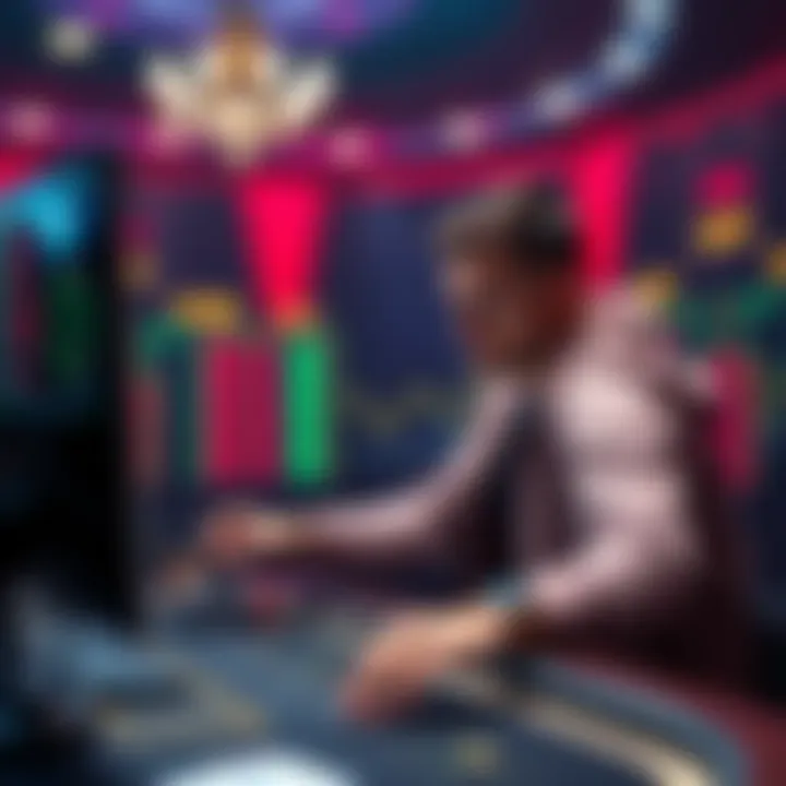 A focused poker player sitting at a virtual table analyzing their stats after playing 6,000 hands