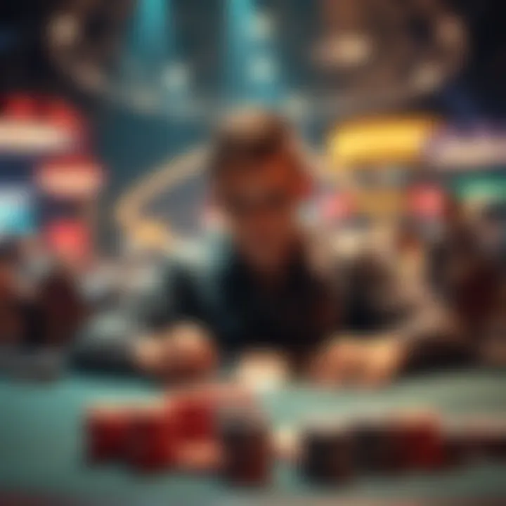 A poker player focused on their cards at a table surrounded by chips and a lively atmosphere, contemplating strategies to build their bankroll from freerolls.