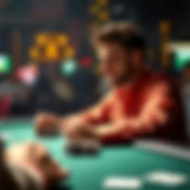 A poker player smiling as they gaze at their hand, surrounded by chips and cards, celebrating a winning hand with their opponent in a lively atmosphere.