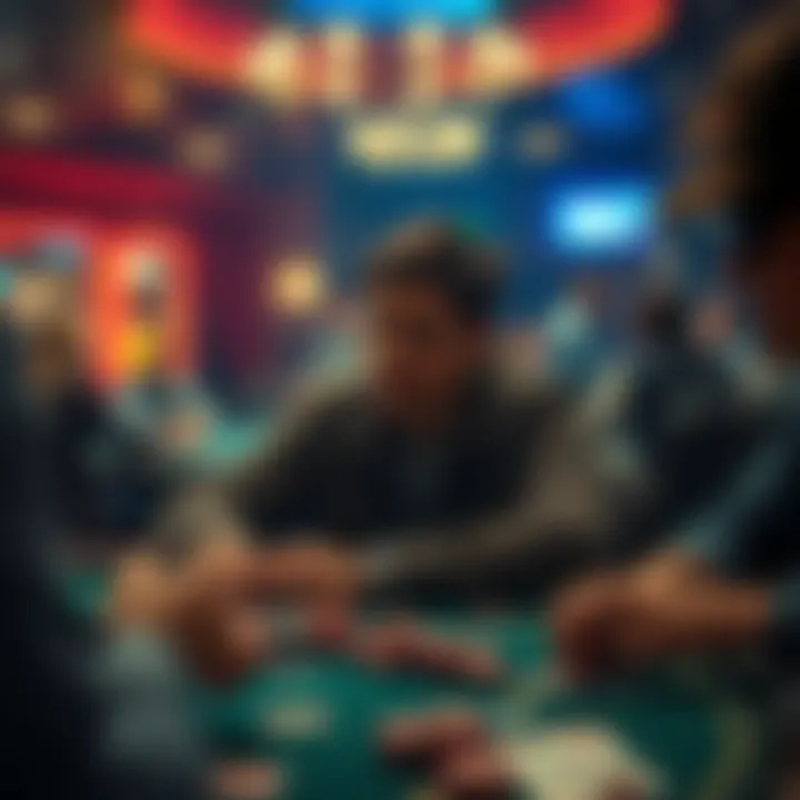 A focused poker player sits at a table with cards and chips, contemplating their next move, surrounded by a few other players engaged in the game.